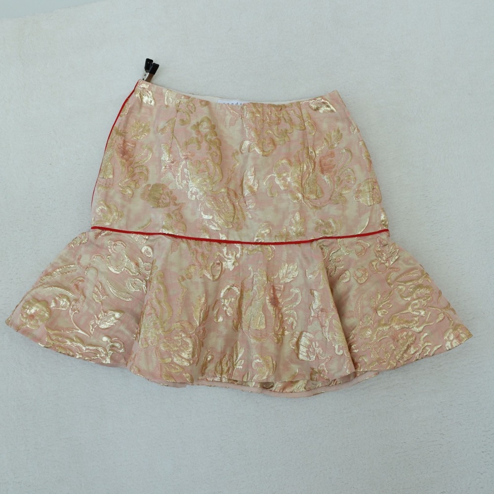 Sandro Mini Skirt Women's 3/Medium Rose Gold Floral Brocade Flare Hem Shimmery